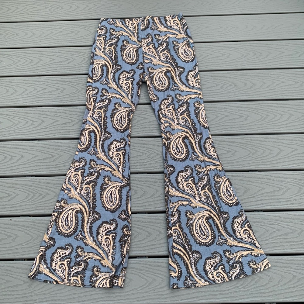 FREE PEOPLE Paisley Print Linen Blend Bell Bottom Pants Boho Chic Women’s Small - Picture 7 of 10